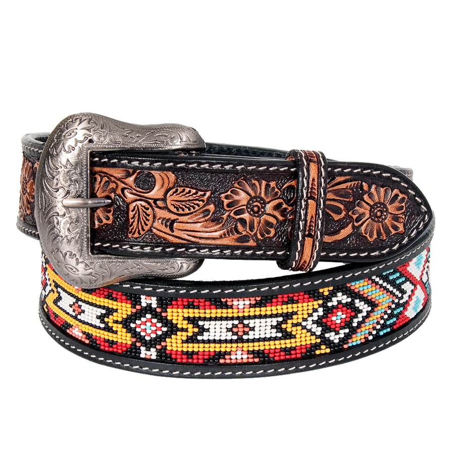 Bar H Equine Hand Carved Western Leather Belt Men Women Beaded Small - Uhorse