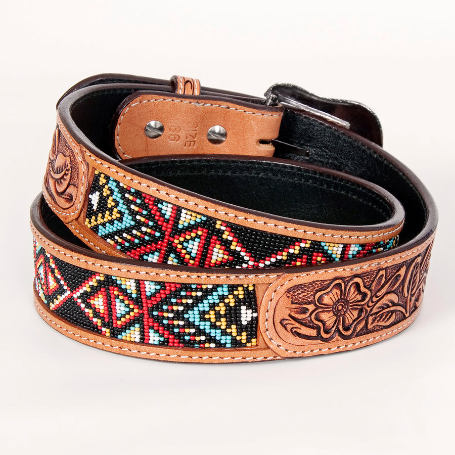 Bar H Equine Hand Tooled Genuine Leather Crafted Unisex Tan Western Belt Beaded Carving | Bead Belts for Women Men Bea