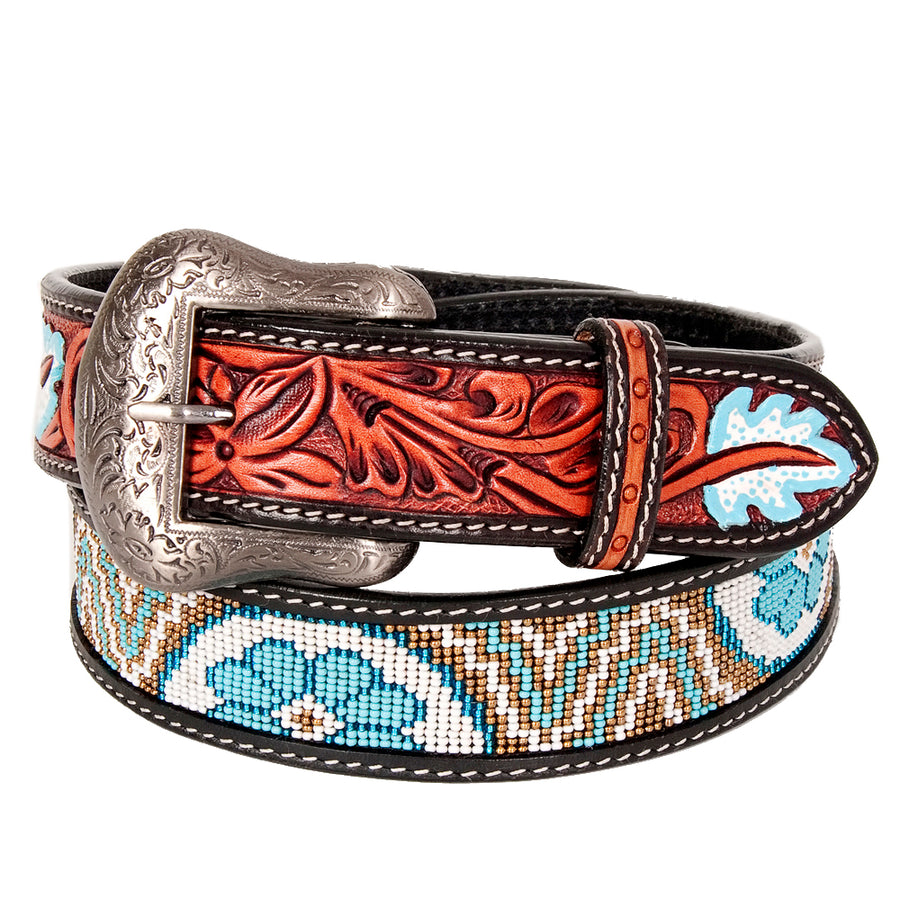 Bar H Equine Hand Carved Western Leather Belt Men Women Beaded Large - Uhorse