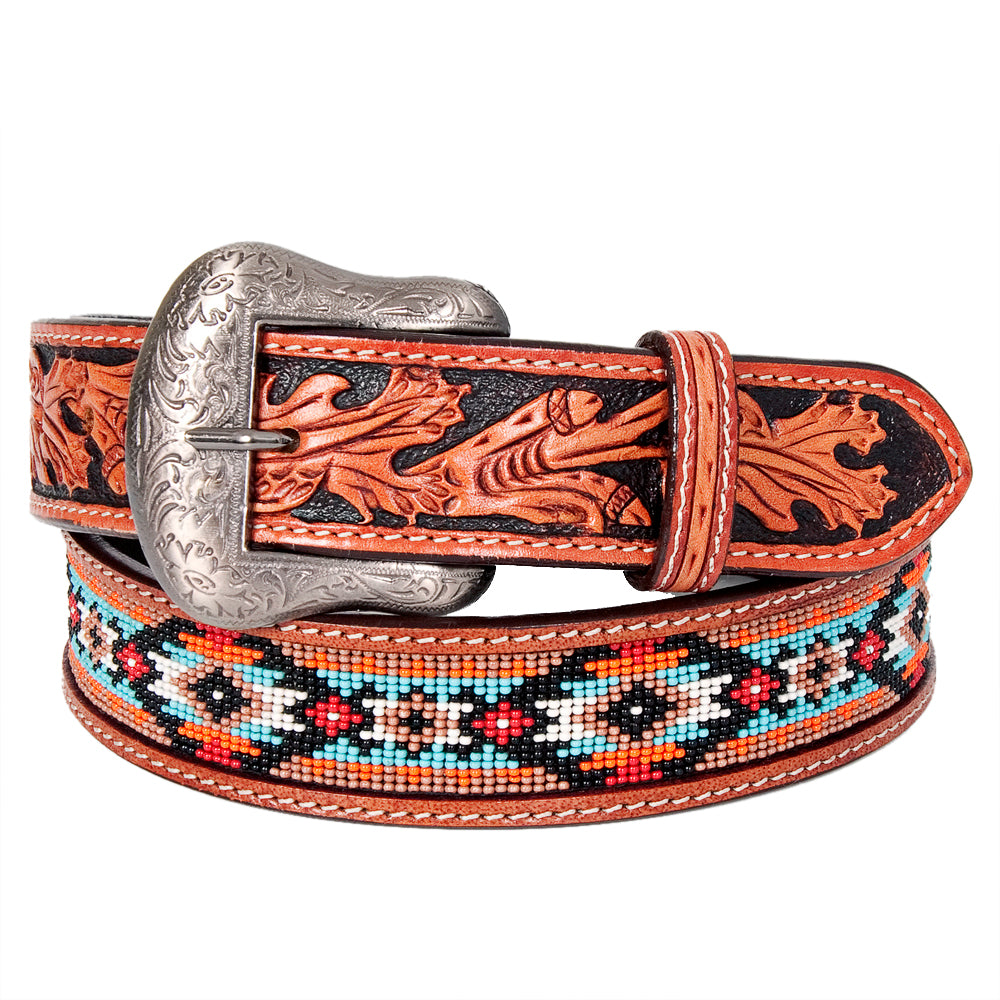Bar H Equine Hand Carved Western Leather Belt Men Women Beaded