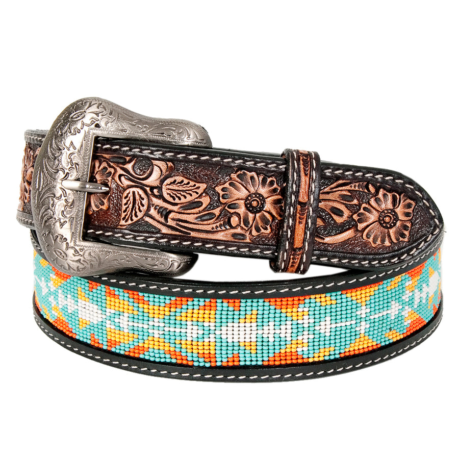 Bar H Equine Hand Carved Western Leather Belt Men Women Beaded Large - Bar H Equine