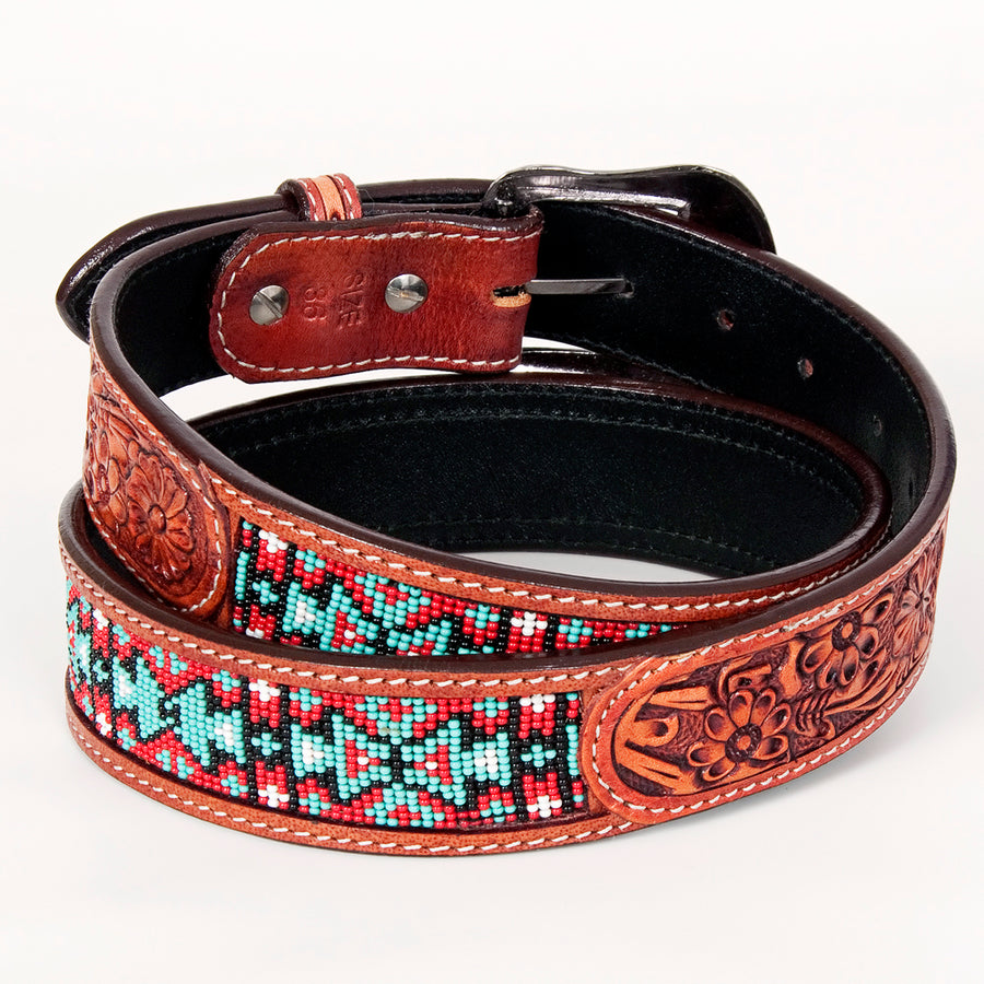 Bar H Equine Hand Tooled Genuine Leather Crafted Unisex Brown Western Belt Beaded Carving | Bead Belts for Women Men B