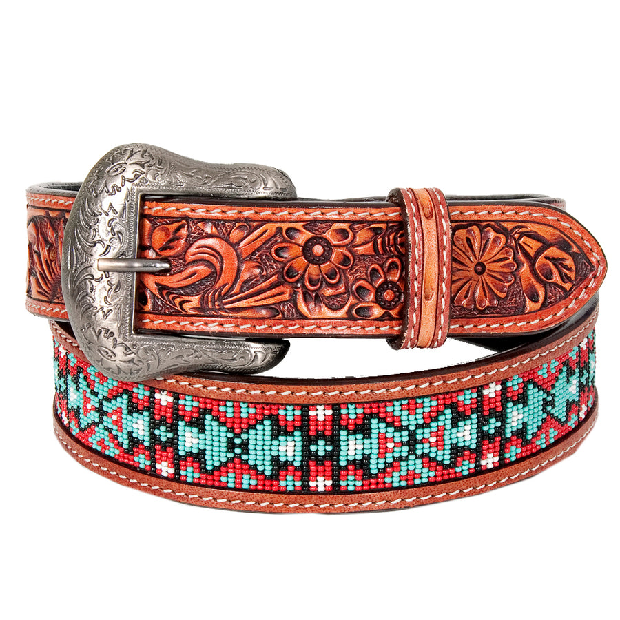 Bar H Equine Hand Carved Western Leather Belt Men Women Beaded Large - Bar H Equine