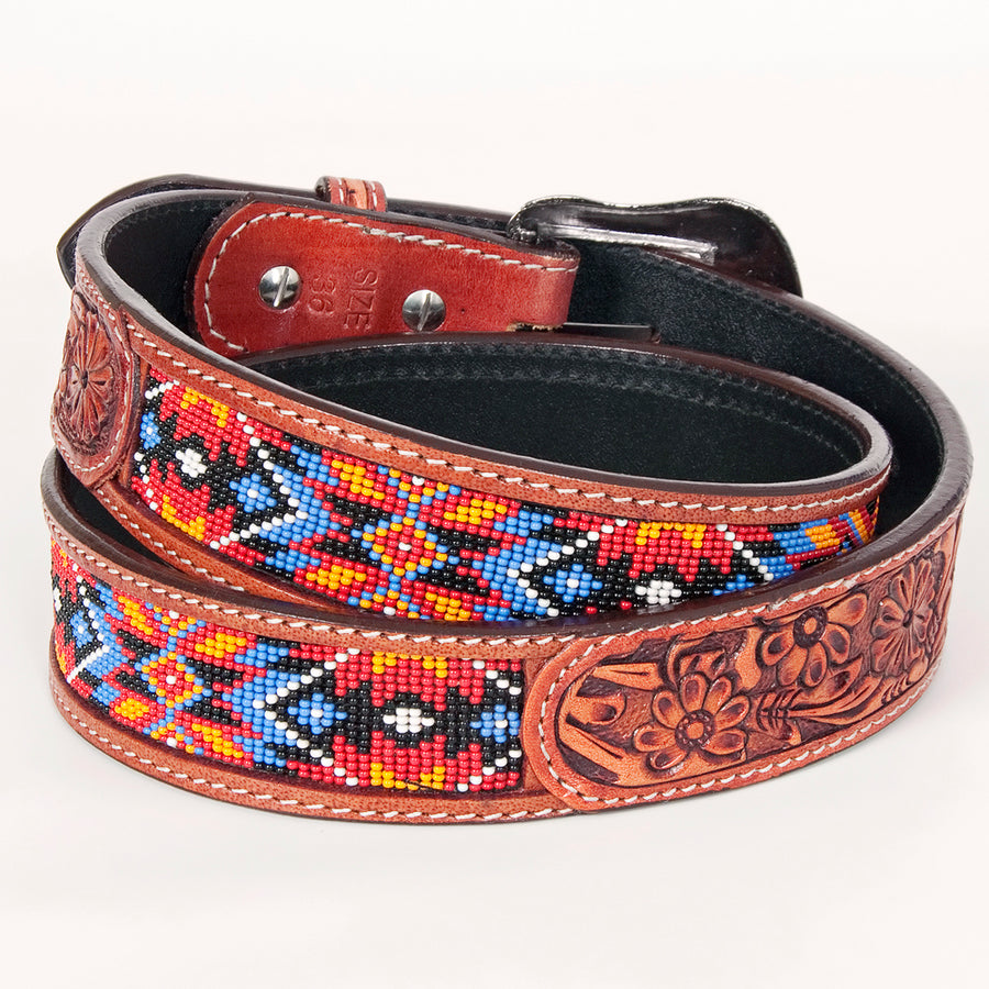 Bar H Equine Hand Tooled Genuine Leather Crafted Unisex Brown Western Belt Beaded Carving | Bead Belts for Women Men B