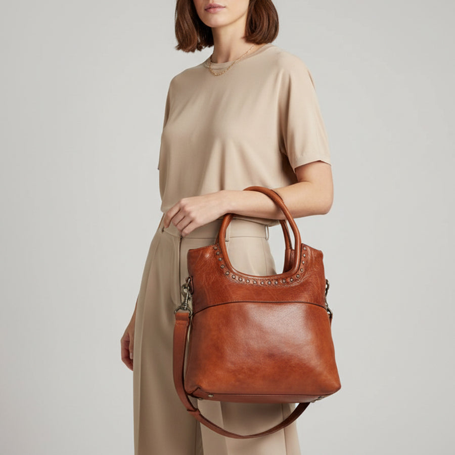 Spaghetti Western Swc178Tan Tote Vintage Handmade Drum Dyed Genuine European Cowhide Leather Women Bag Western Handbag Purse