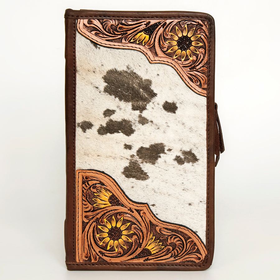 American Darling Women's Hair-On Cowhide Jewelry Case Hand Tooled Floral Carved Eco-Friendly Vegetable-Tanned Genuine Leather