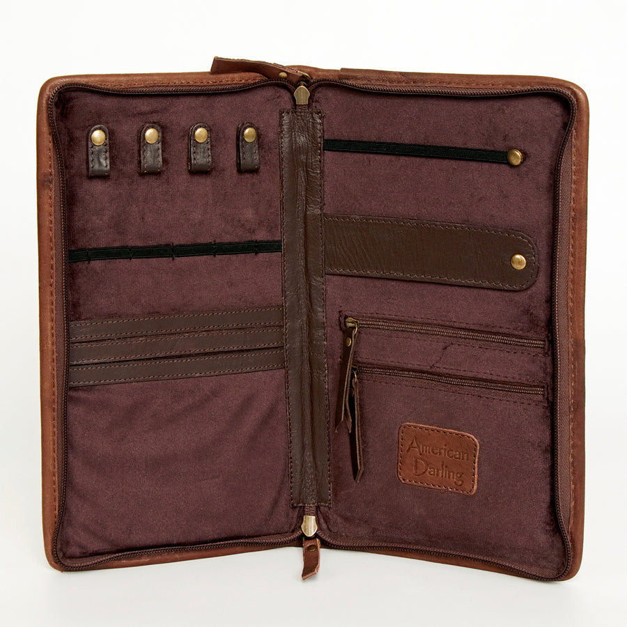 American Darling Women's Hair-On Cowhide Jewelry Case Hand Tooled Floral Carved Eco-Friendly Vegetable-Tanned Genuine Leather