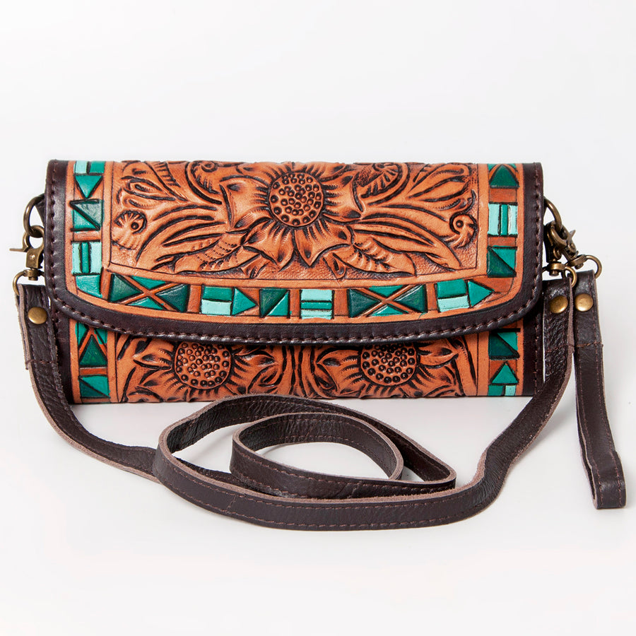American Darling Women's Small Cross body Bag Hand Tooled Floral Carved Eco-Friendly Genuine Leather YKK Zipper