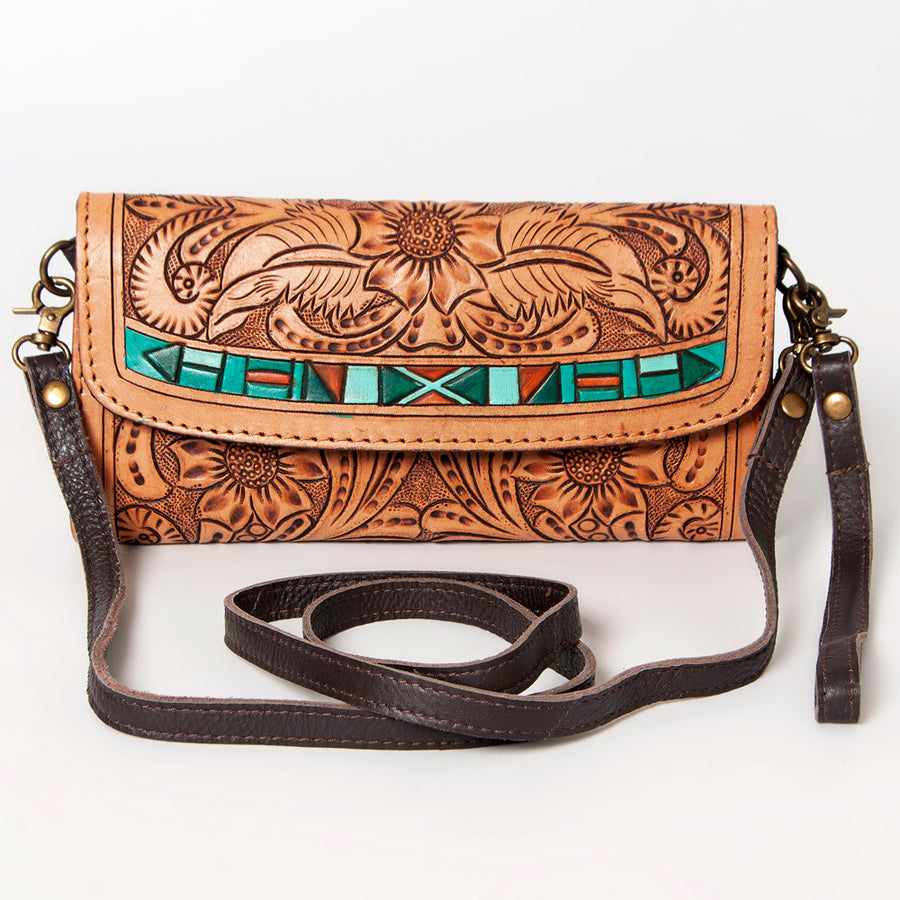 American Darling Women's Small Cross body Bag Hand Tooled Floral Carved Eco-Friendly Genuine Leather YKK Zipper