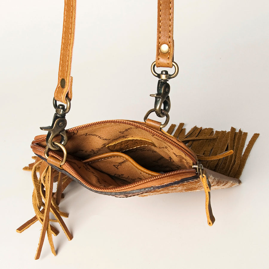 American Darling Women's Hair-On Cowhide Chaps Bag Hand Tooled Fringes Vegetable-Tanned Genuine Leather YKK Zipper