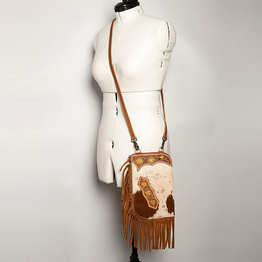 American Darling Women's Hair-On Cowhide Chaps Bag Hand Tooled Fringes Vegetable-Tanned Genuine Leather YKK Zipper