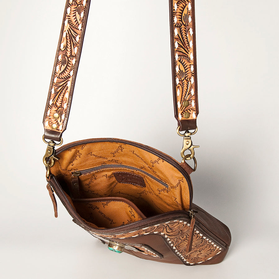 American Darling Women's Large Cross body Bag Hand Tooled Floral Carved Concho Eco-Friendly Genuine Leather YKK Zipper