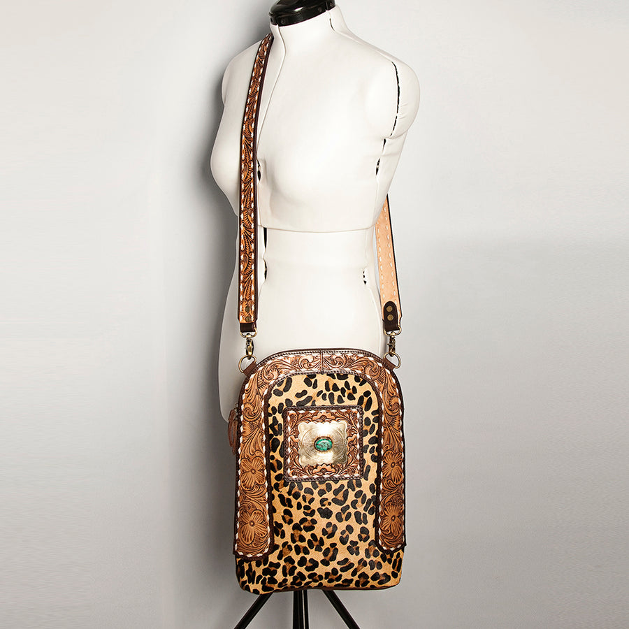 American Darling Women's Large Cross body Bag Hand Tooled Floral Carved Concho Eco-Friendly Genuine Leather YKK Zipper