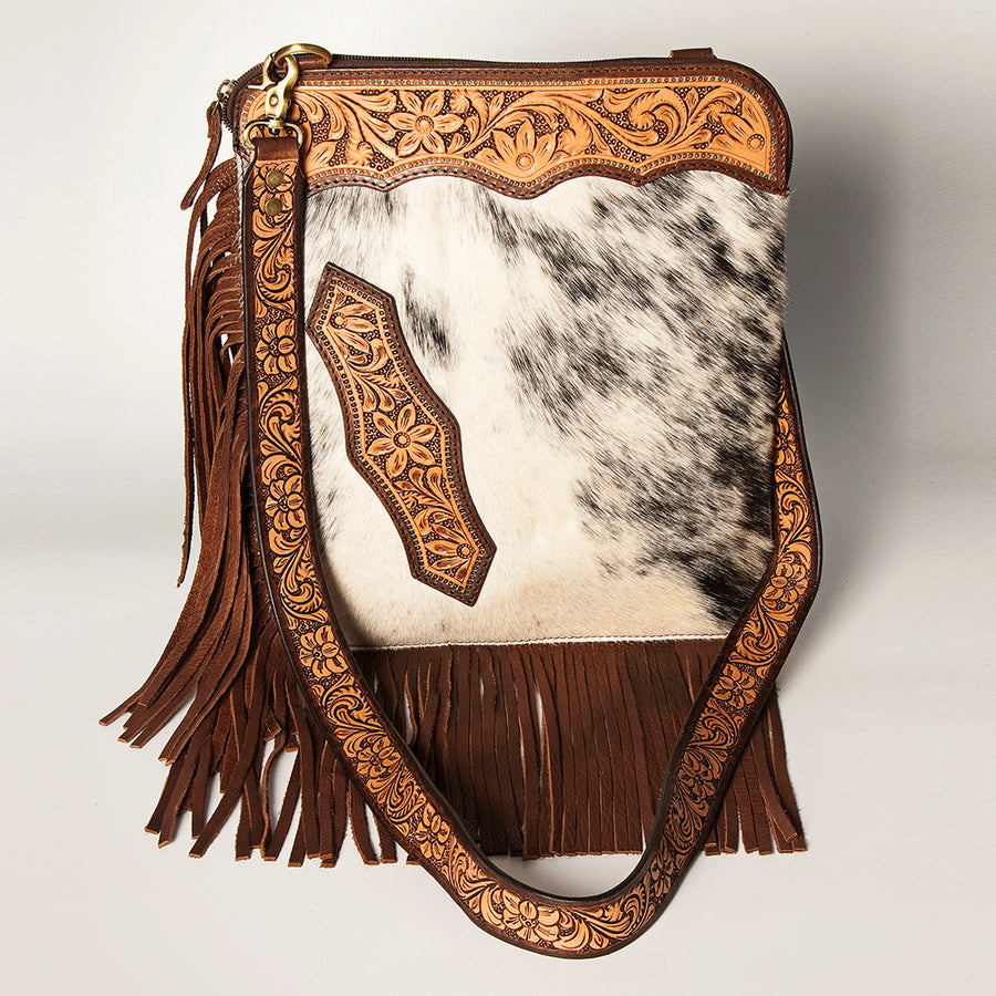 American Darling Women's Hair-On Cowhide Chaps Bag Hand Tooled Fringes Floral Carved Vegetable-Tanned Genuine Leather YKK Zipper