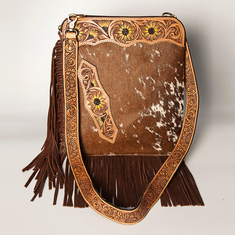 American Darling Women's Hair-On Cowhide Chaps Bag Hand Tooled Fringes Floral Carved Vegetable-Tanned Genuine Leather YKK Zipper