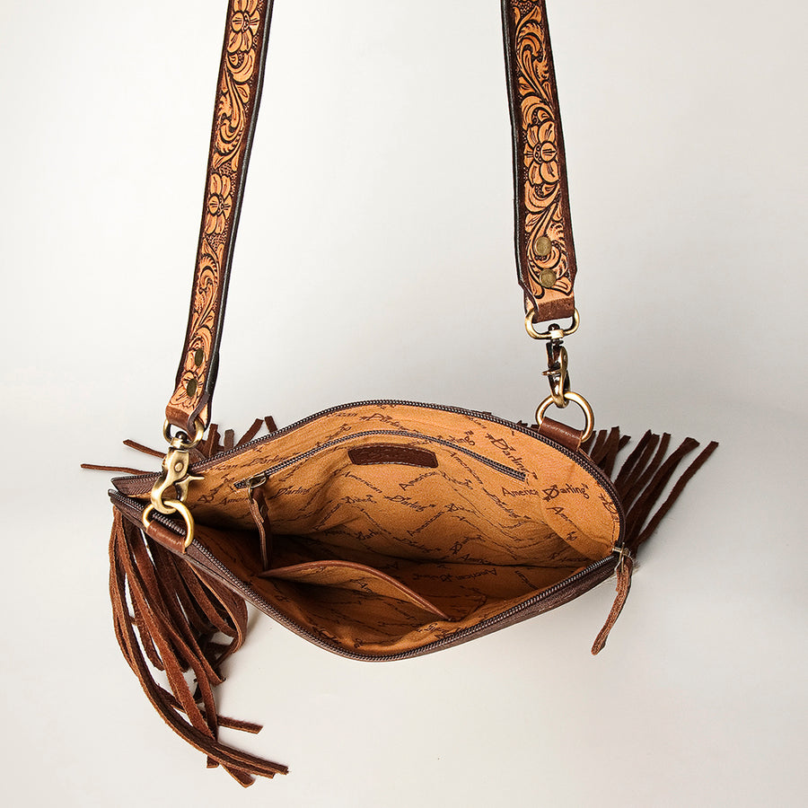 American Darling Women's Hair-On Cowhide Chaps Bag Hand Tooled Fringes Floral Carved Vegetable-Tanned Genuine Leather YKK Zipper