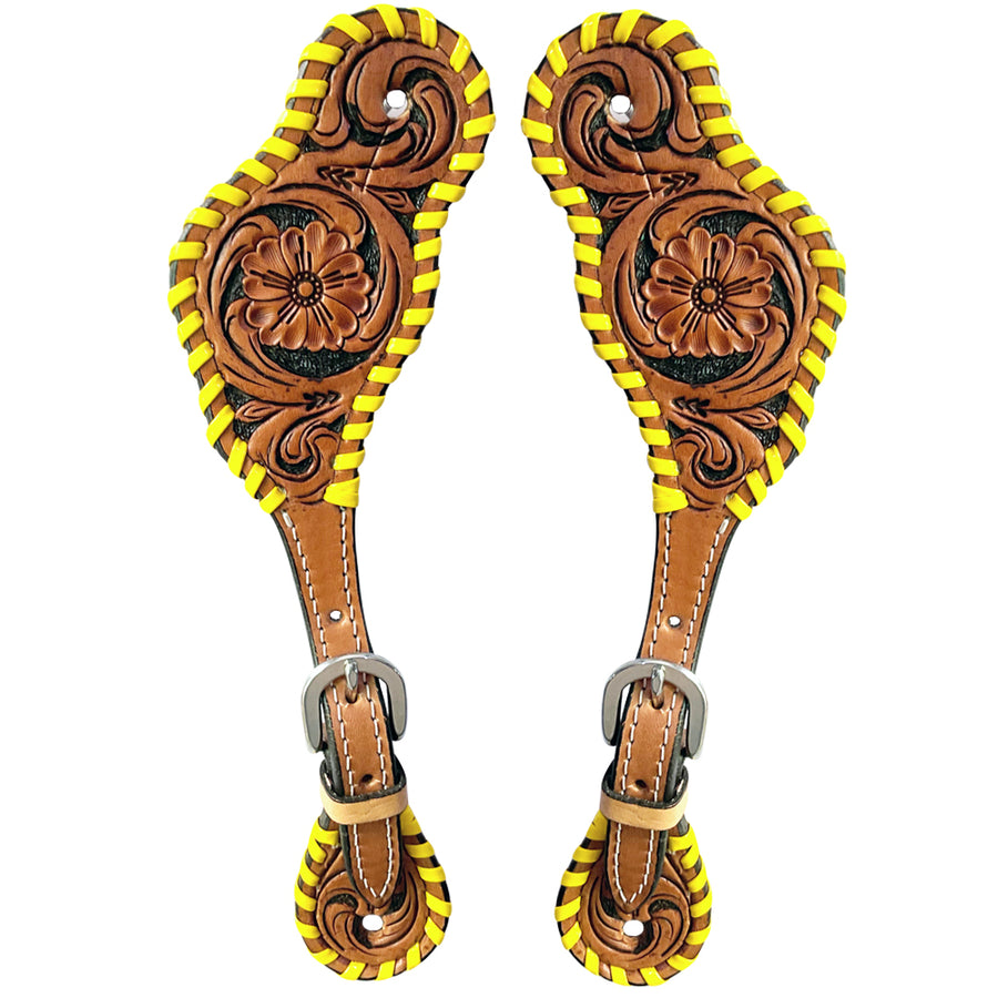 Leather spur straps with tooled floral design and yellow whipstitching - Uhorse