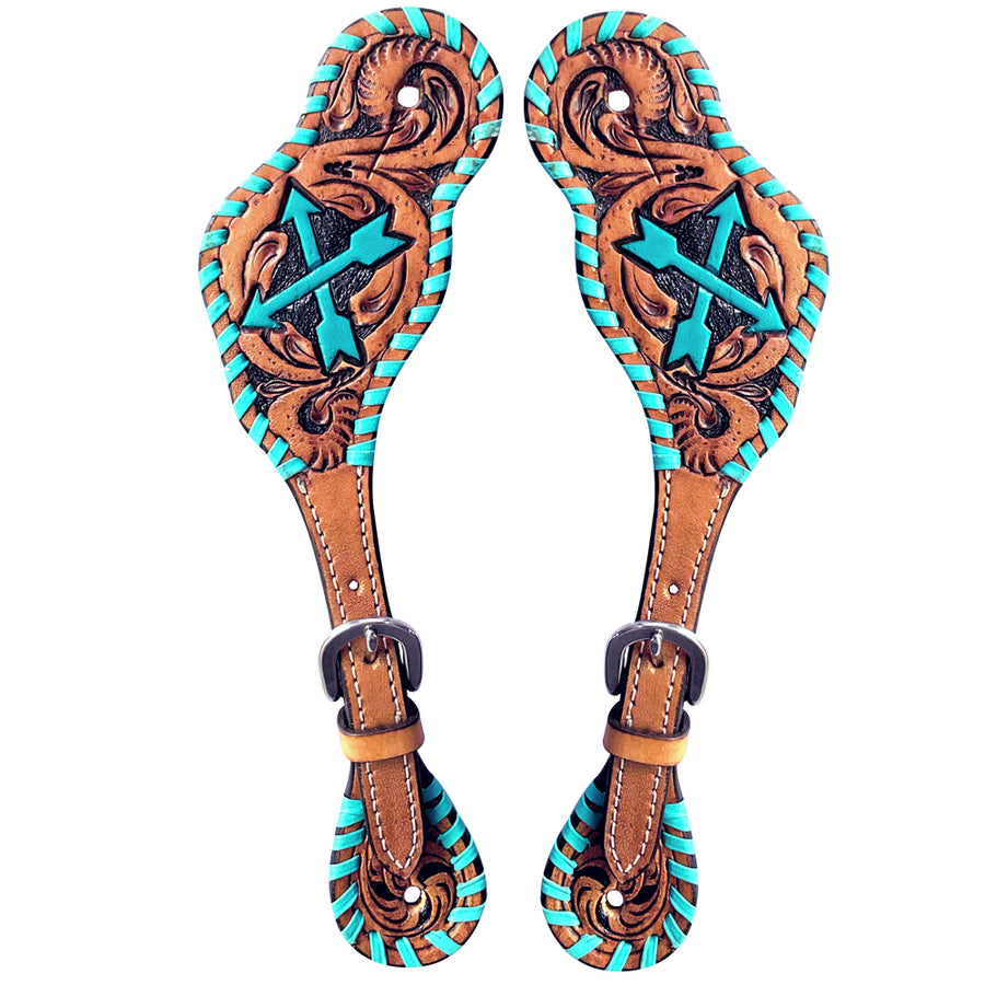 Leather spur straps with turquoise tooling and cross design - Uhorse