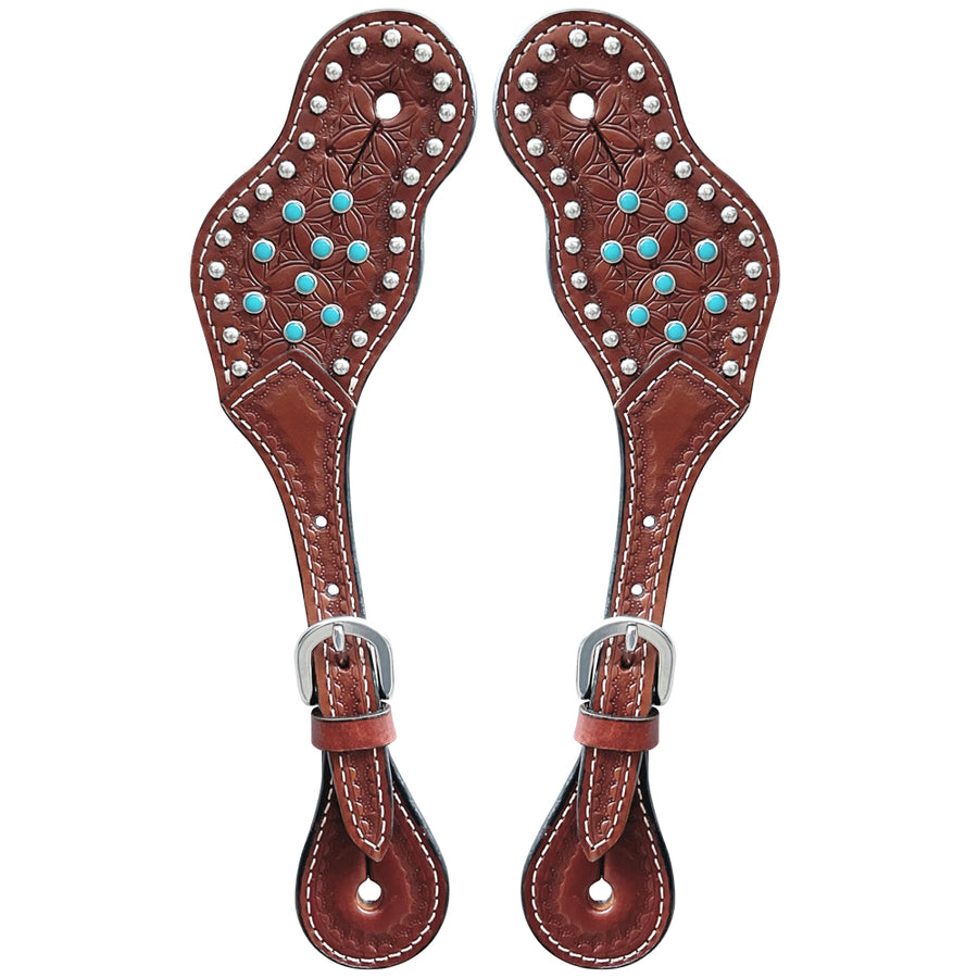 Brown leather spur straps with turquoise and silver studding - Uhorse