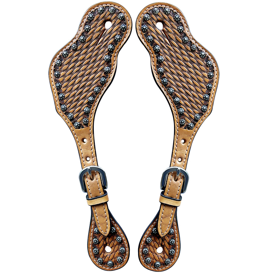 Tan leather spur straps with tooled floral detail and metal buckles - Uhorse