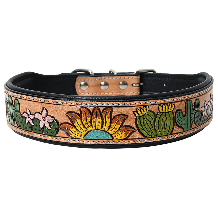 Sml Hilason Western Floral Hand Painted Tooled Heavy Duty Genuine Leather Dog Collar - Uhorse