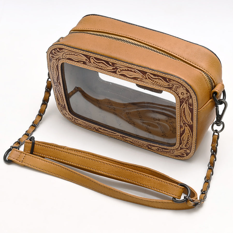 American Darling Clear Crossbody Purse Hand Tooled Tan Leather Trim, Stadium Approved Western Style