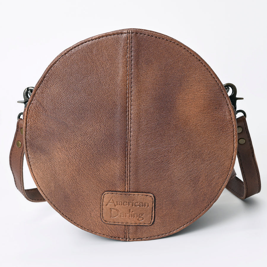 American Darling Canteen Bag Western Leather Hand Tooled Floral Carved Hair-On Cowhide Buck Stitched 10in x 10in