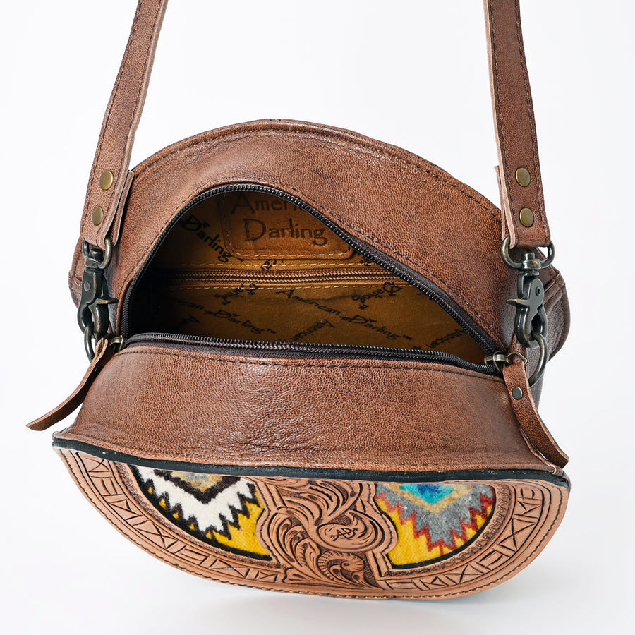 American Darling Canteen Bag Western Leather Hand Tooled Floral Carved Hair-On Cowhide Buck Stitched 10in x 10in