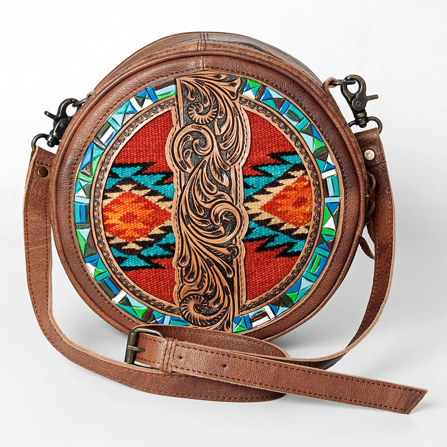 American Darling Canteen Bag Western Leather Hand Tooled Floral Carved Hair-On Cowhide Buck Stitched 10in x 10in