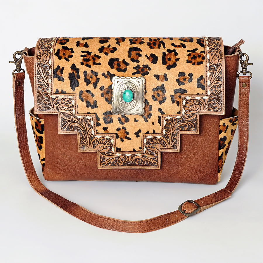American Darling Messenger Bag Western Leather Hand Tooled Floral Carved Hair-On Cowhide Buckstitched 12in x 16in
