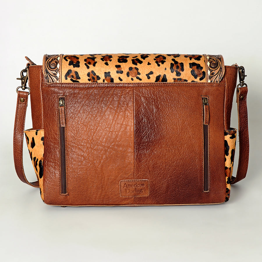 American Darling Messenger Bag Western Leather Hand Tooled Floral Carved Hair-On Cowhide Buckstitched 12in x 16in