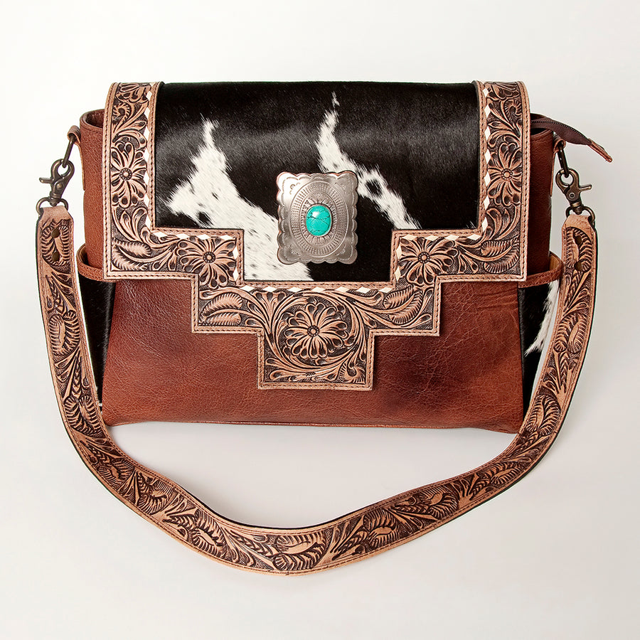 American Darling Messenger Bag Western Leather Hand Tooled Floral Carved Hair-On Cowhide Buckstitched 12in x 16in