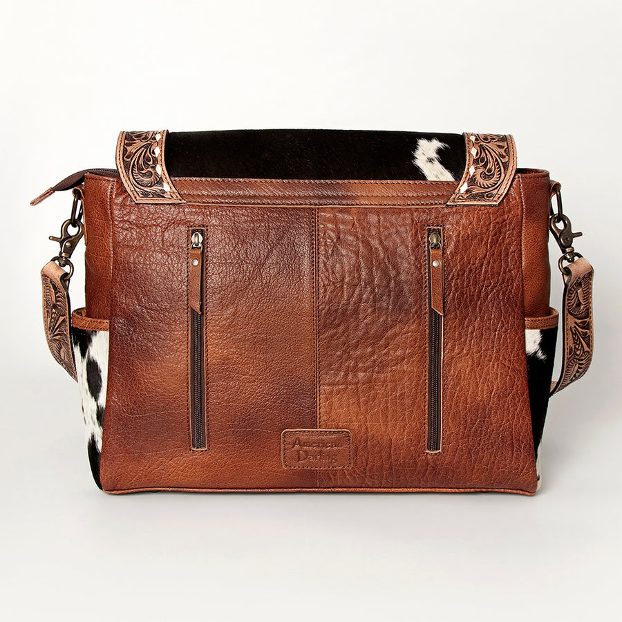 American Darling Messenger Bag Western Leather Hand Tooled Floral Carved Hair-On Cowhide Buckstitched 12in x 16in