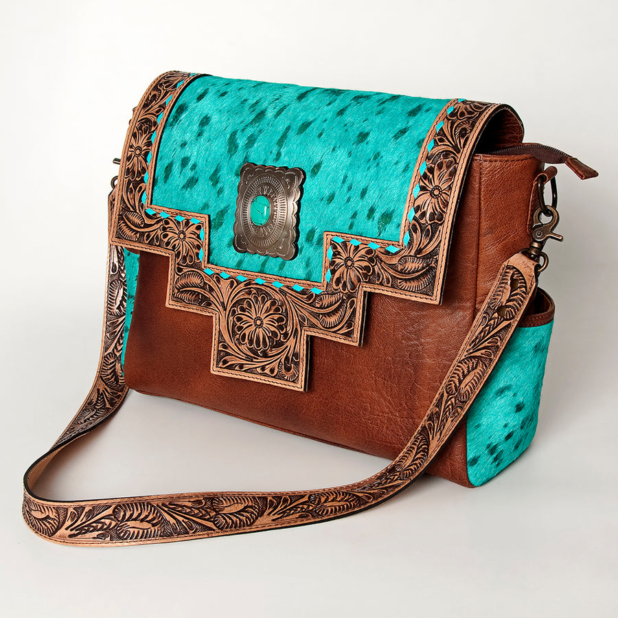 American Darling Western Messenger Bag - Hand Tooled Floral Leather and Hair-On Cowhide - Uhorse