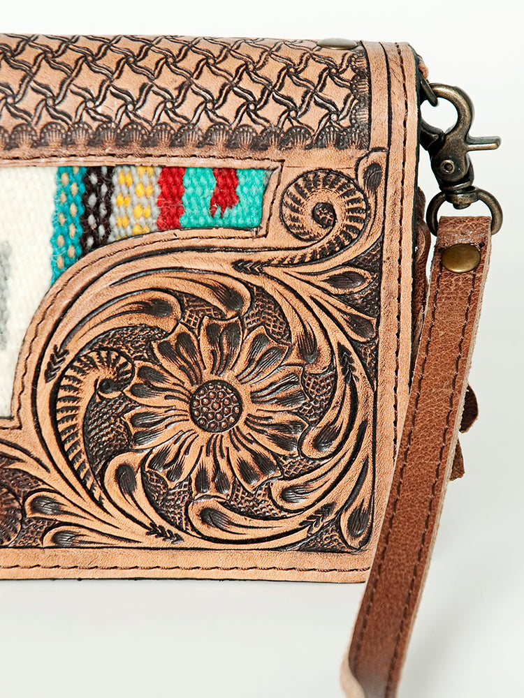American Darling Small Cross body Bag for Women, Hand Tooled Floral Leather, Woven Saddle Blanket, Genuine Leather Purse