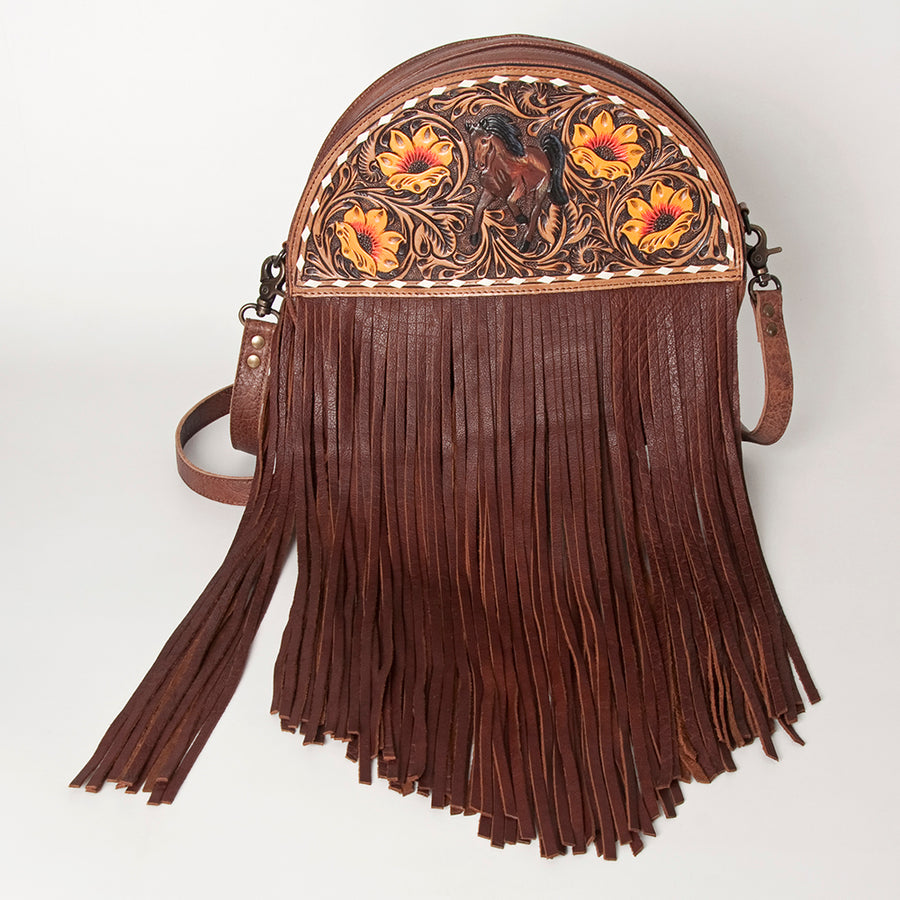 American Darling Canteen Bag for Women, Hand Tooled Floral Leather, Western Style Crossbody with Fringes, Genuine Leather