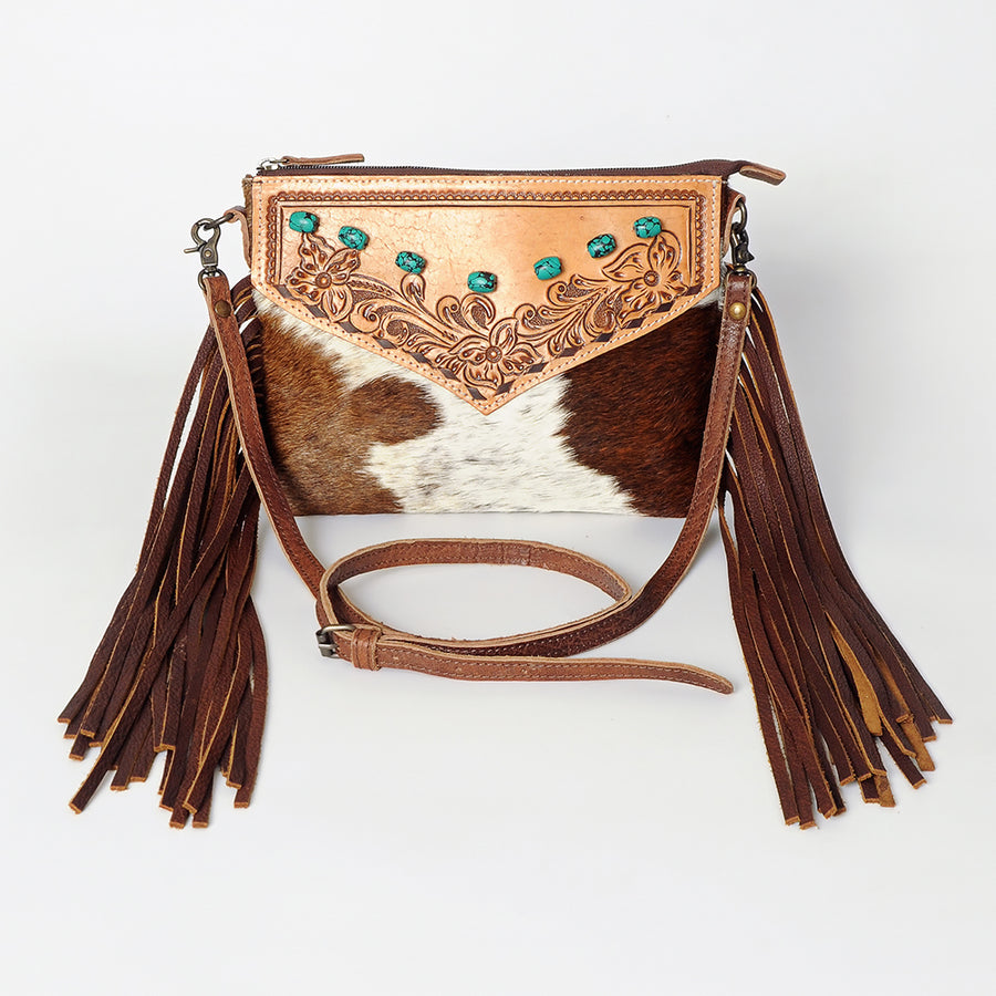 American Darling Small Cross body Bag for Women, Hand Tooled Floral Leather, Hair-On Cowhide with Fringes, Genuine Leather