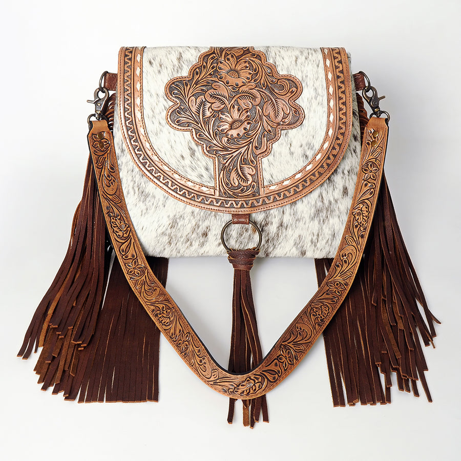 American Darling Messenger Bag for Women, Hand Tooled Floral Leather, Hair-On Cowhide with Fringes, Genuine Western Leather