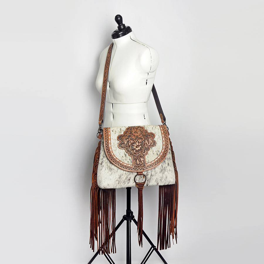 American Darling Messenger Bag for Women, Hand Tooled Floral Leather, Hair-On Cowhide with Fringes, Genuine Western Leather