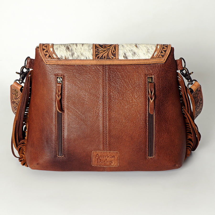American Darling Messenger Bag for Women, Hand Tooled Floral Leather, Hair-On Cowhide with Fringes, Genuine Western Leather