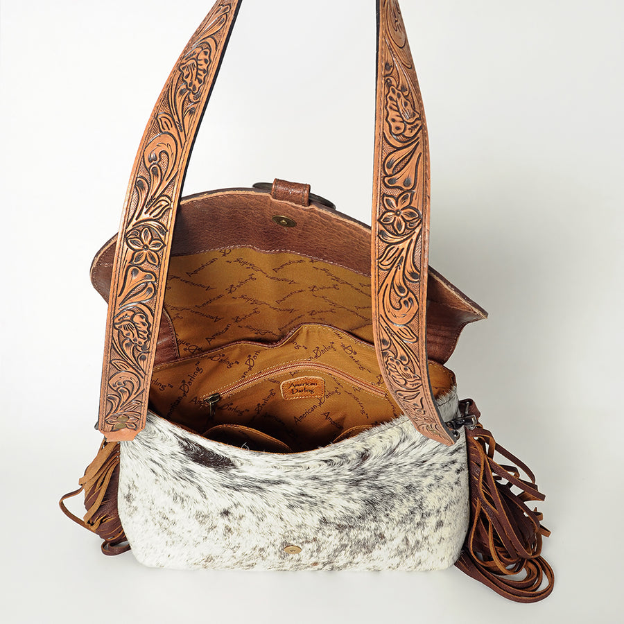 American Darling Messenger Bag for Women, Hand Tooled Floral Leather, Hair-On Cowhide with Fringes, Genuine Western Leather