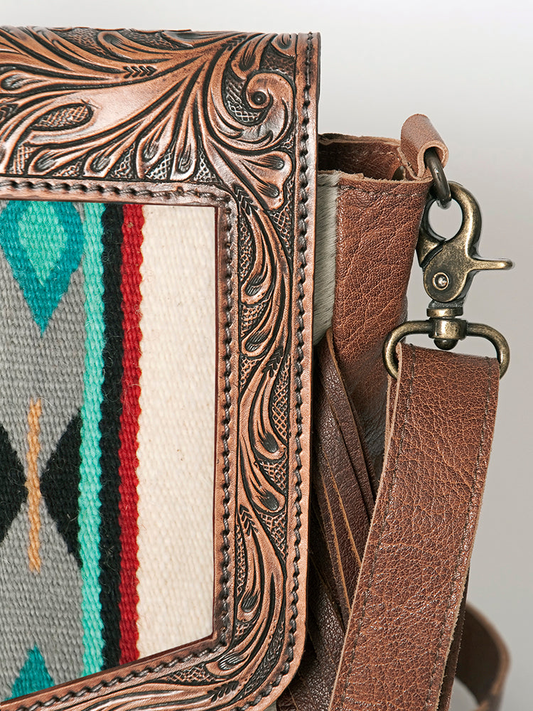 American Darling Messenger Hand Tooled Saddle Blanket Hair On Genuine Leather Western Women Bag Handbag Purse | Cute