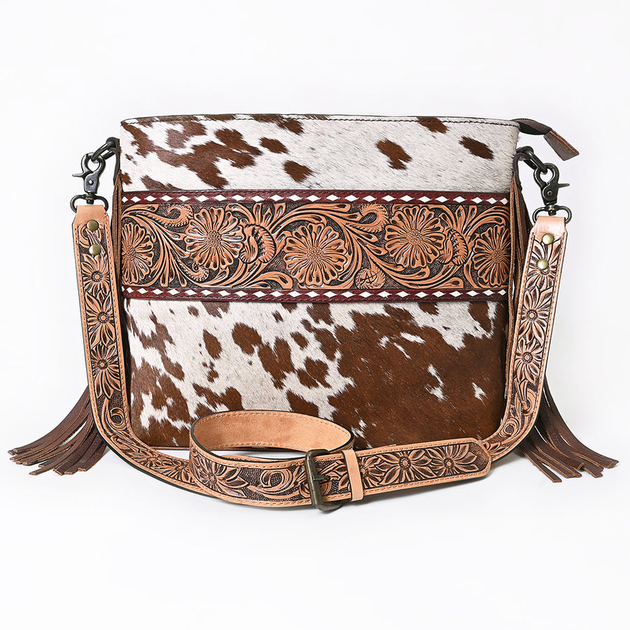 American Darling Small Cross body Bag for Women, Hand Tooled Floral Leather, Hair-On Cowhide with Fringes, Genuine Leather