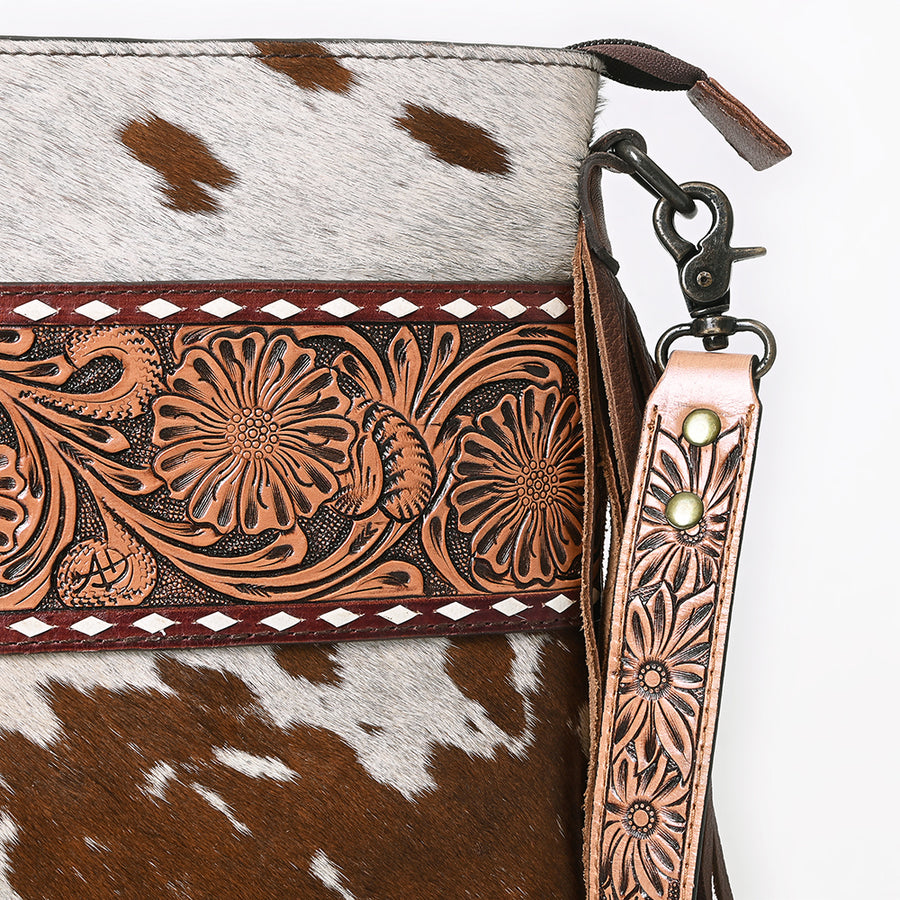 American Darling Small Cross body Bag for Women, Hand Tooled Floral Leather, Hair-On Cowhide with Fringes, Genuine Leather