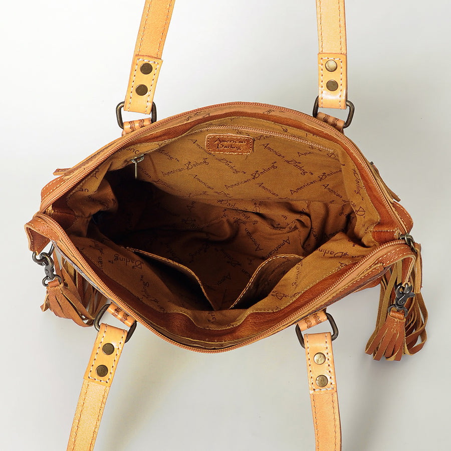 American Darling Tote Bag for Women, Hand Tooled Floral Leather, Hand Woven Saddle Blanket, Fringed Western Purse