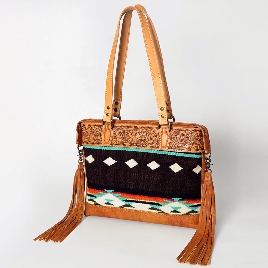 American Darling Hand Tooled Floral and Hand Woven Saddle Blanket Western Leather Tote Bag - Uhorse