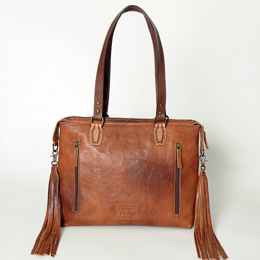 American Darling Tote Bag for Women, Hand Tooled Floral Leather, Hand Woven Saddle Blanket, Fringed Western Purse