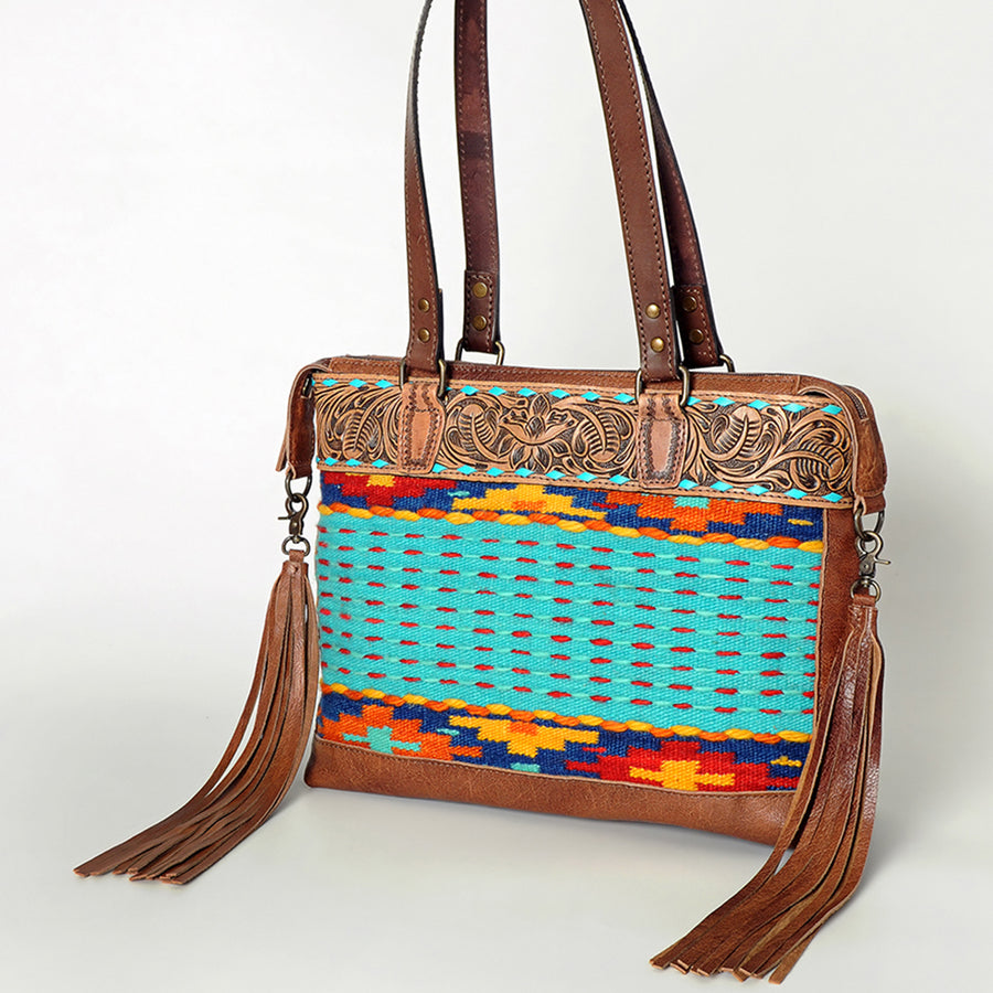 American Darling Hand Tooled Floral and Hand Woven Saddle Blanket Western Leather Tote Bag - Uhorse