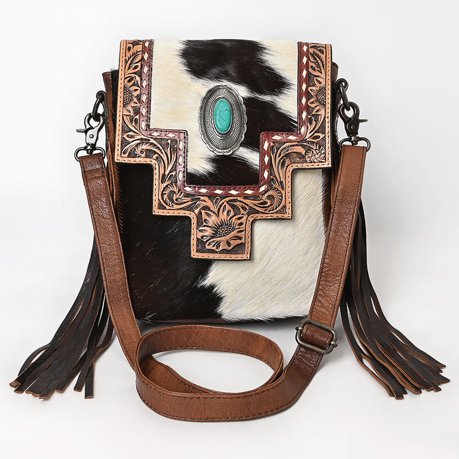 American Darling Messenger Bag for Women, Hand Tooled Floral Leather, Hair-On Cowhide, Woven Saddle Blanket, Genuine Leather