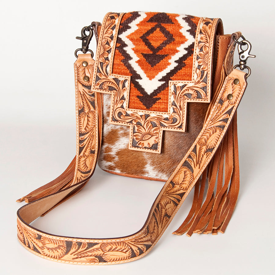 American Darling Hand Tooled Floral and Cowhide Messenger Bag with Saddle Blanket - Uhorse